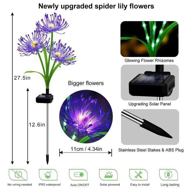 Alt view image 2 of 7 - Halloween Solar Lights,4PCS Purple Spider Lily with Glowing stem | Outdoor Halloween Garden decor,Waterproof IP65 Yard Flower Lights for Pathway Lawn Patio,Garden Gifts for Women Mom Grandma