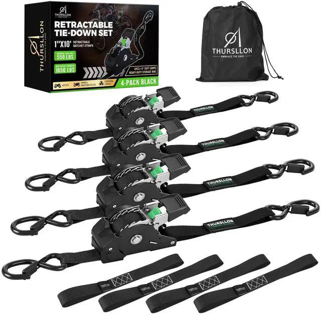 Main image of Retractable Ratchet Straps (4-Pack) - 1 Inch x 10 Feet (1,650lb Break Strength) - Auto Self Retracting Tie Down Straps for Truck, Cargo Trailer, Motorcycle, ATV, UTV - Black
