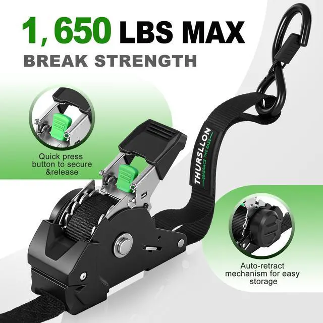 Alt view image 2 of 7 - Retractable Ratchet Straps (4-Pack) - 1 Inch x 10 Feet (1,650lb Break Strength) - Auto Self Retracting Tie Down Straps for Truck, Cargo Trailer, Motorcycle, ATV, UTV - Black