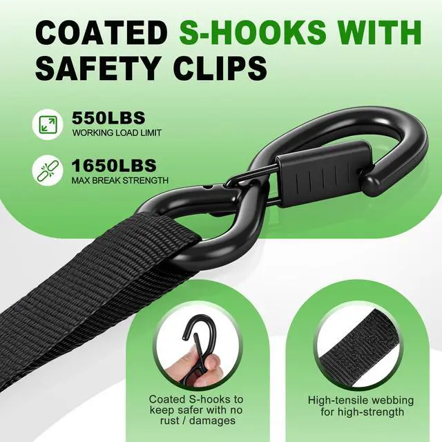 Alt view image 3 of 7 - Retractable Ratchet Straps (4-Pack) - 1 Inch x 10 Feet (1,650lb Break Strength) - Auto Self Retracting Tie Down Straps for Truck, Cargo Trailer, Motorcycle, ATV, UTV - Black