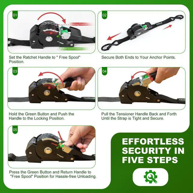 Alt view image 4 of 7 - Retractable Ratchet Straps (4-Pack) - 1 Inch x 10 Feet (1,650lb Break Strength) - Auto Self Retracting Tie Down Straps for Truck, Cargo Trailer, Motorcycle, ATV, UTV - Black
