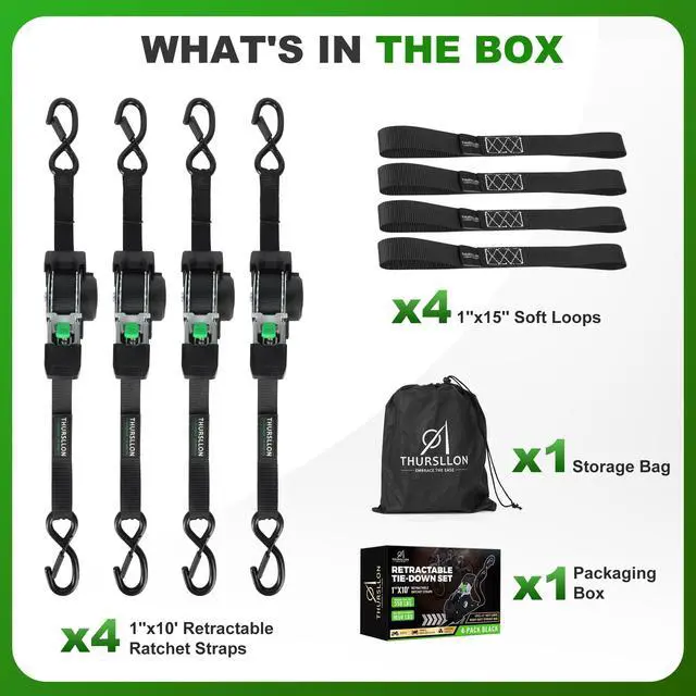 Alt view image 5 of 7 - Retractable Ratchet Straps (4-Pack) - 1 Inch x 10 Feet (1,650lb Break Strength) - Auto Self Retracting Tie Down Straps for Truck, Cargo Trailer, Motorcycle, ATV, UTV - Black