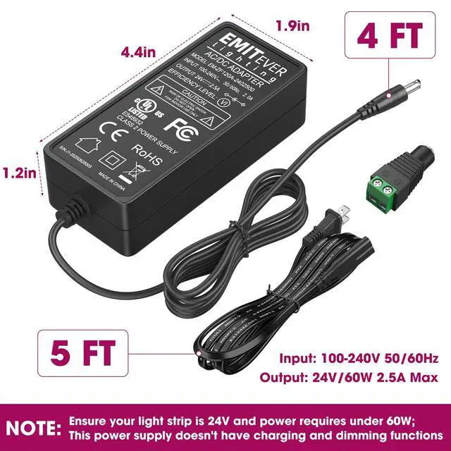 Alt view image 5 of 7 - 24V 60W Power Supply,2.5A UL-Listed LED Adapter,Class 2 | 100-240V AC to 24V DC 2.5A Converter Lighting Transformers for LED strip lights,CCTV cameras,lighting transformers