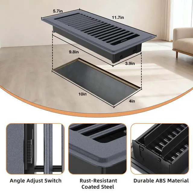 Alt view image 2 of 6 - Floor Register 4 x 10-8 Pack Gray Floor Vents, Heavy-Duty Steel Adjustable Airflow Floor Vent Covers, Rust-Resistant Vent Cover are Suitable for Living Room, Bedroom and Bathroom