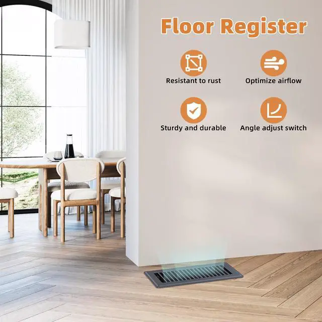 Alt view image 4 of 6 - Floor Register 4 x 10-8 Pack Gray Floor Vents, Heavy-Duty Steel Adjustable Airflow Floor Vent Covers, Rust-Resistant Vent Cover are Suitable for Living Room, Bedroom and Bathroom
