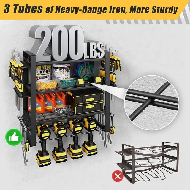 Alt view image 3 of 7 - 4-Tier Power Tool Organizer Wall Mount, 200LBS Capacity, 4 Drill Holders | 3-Tube Reinforced Design, Holds 50+ Tools, Cordless Tool Organizer, Rust Resistant, Quick Assembly, Garage Gift for Men