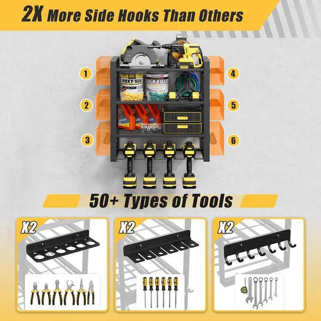 Alt view image 4 of 7 - 4-Tier Power Tool Organizer Wall Mount, 200LBS Capacity, 4 Drill Holders | 3-Tube Reinforced Design, Holds 50+ Tools, Cordless Tool Organizer, Rust Resistant, Quick Assembly, Garage Gift for Men