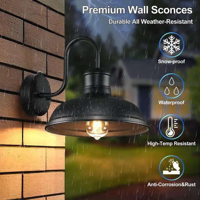 Alt view image 4 of 7 - 2-Pack Dusk to Dawn Outdoor Wall Sconces, Exterior Farmhouse Gooseneck Barn Light, Vintage Matte Black Outside Wall Mount Light Fixture, Anti-Rust Waterproof Outdoor Light for House Porch Garage