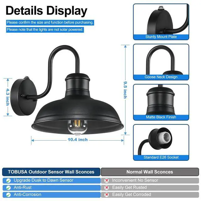 Alt view image 5 of 7 - 2-Pack Dusk to Dawn Outdoor Wall Sconces, Exterior Farmhouse Gooseneck Barn Light, Vintage Matte Black Outside Wall Mount Light Fixture, Anti-Rust Waterproof Outdoor Light for House Porch Garage