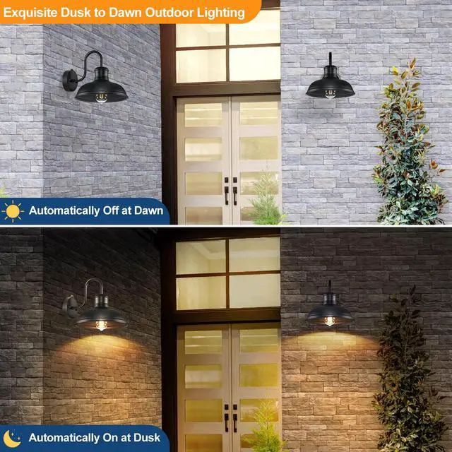 Alt view image 2 of 7 - 2-Pack Dusk to Dawn Outdoor Wall Sconces, Exterior Farmhouse Gooseneck Barn Light, Vintage Matte Black Outside Wall Mount Light Fixture, Anti-Rust Waterproof Outdoor Light for House Porch Garage