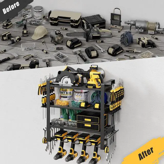 Alt view image 6 of 7 - 4-Tier Power Tool Organizer Wall Mount, 200LBS Capacity, 4 Drill Holders | 3-Tube Reinforced Design, Holds 50+ Tools, Cordless Tool Organizer, Rust Resistant, Quick Assembly, Garage Gift for Men