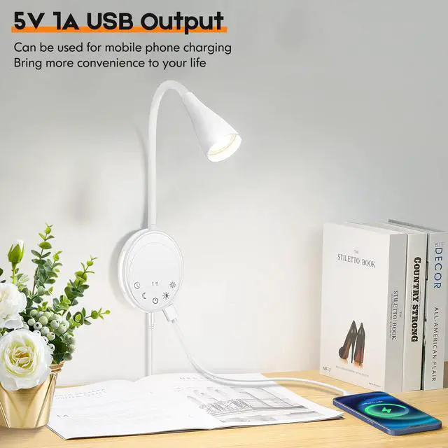 Alt view image 2 of 7 - LED Wall Mounted Reading Light, Book Light for Reading in Bed with Touch Control, 5 Dimmable, USB Output, Night Light & Timers Function, Flexible Gooseneck Headboard Bed Lights (White)