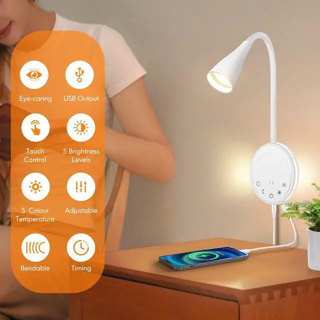 Alt view image 7 of 7 - LED Wall Mounted Reading Light, Book Light for Reading in Bed with Touch Control, 5 Dimmable, USB Output, Night Light & Timers Function, Flexible Gooseneck Headboard Bed Lights (White)