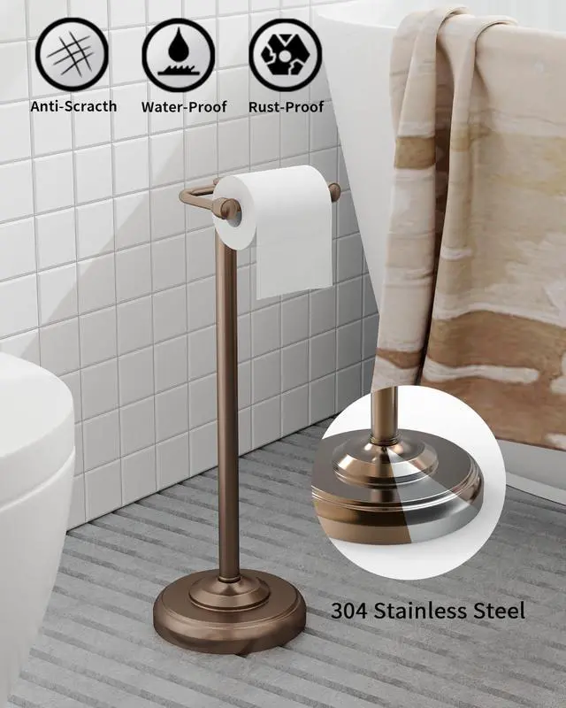 Alt view image 3 of 7 - Toilet Paper Holder Stand, Bronze Toilet Paper Holder Free Standing, Post Pivoting Design & Stable Weighted Base SUS304 Stainless Steel for Bathroom (Mega Roll)