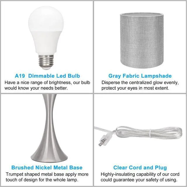 Alt view image 7 of 7 - 3 Way Touch Control Table Lamp, Dimmable Bedside Desk Lamp with Metal Base Modern Nightstand Lamp Stylish Grey Shade Simple Side Table Lamp for Bedroom, Living Room, Office or Den LED Bulb Included
