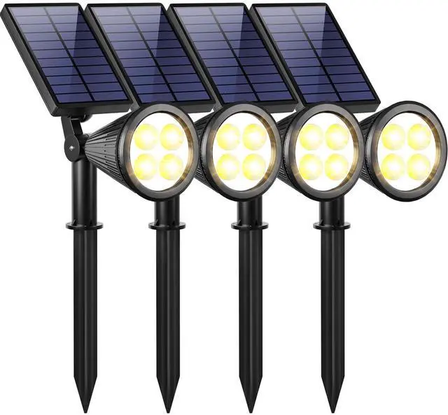 Main image of Solar Spot Lights Outdoor Adjustable Spotlights, 4 Pack Warm White | 25 Ft Focused Beam, Dual Brightness Modes, IP65 Waterproof, Long Runtime, Ground or Wall Mount, Auto On/Off for Landscape