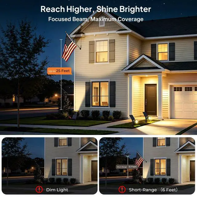 Alt view image 2 of 7 - Solar Spot Lights Outdoor Adjustable Spotlights, 4 Pack Warm White | 25 Ft Focused Beam, Dual Brightness Modes, IP65 Waterproof, Long Runtime, Ground or Wall Mount, Auto On/Off for Landscape