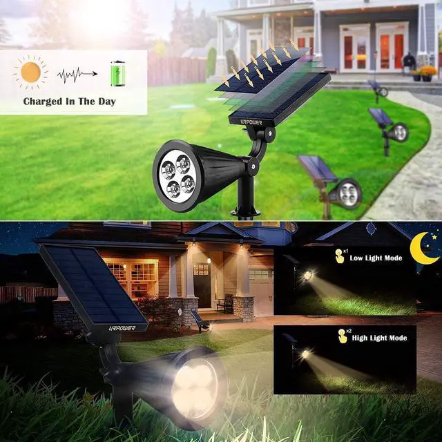 Alt view image 4 of 7 - Solar Spot Lights Outdoor Adjustable Spotlights, 4 Pack Warm White | 25 Ft Focused Beam, Dual Brightness Modes, IP65 Waterproof, Long Runtime, Ground or Wall Mount, Auto On/Off for Landscape
