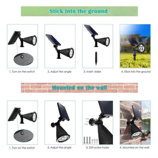 Alt view image 6 of 7 - Solar Spot Lights Outdoor Adjustable Spotlights, 4 Pack Warm White | 25 Ft Focused Beam, Dual Brightness Modes, IP65 Waterproof, Long Runtime, Ground or Wall Mount, Auto On/Off for Landscape