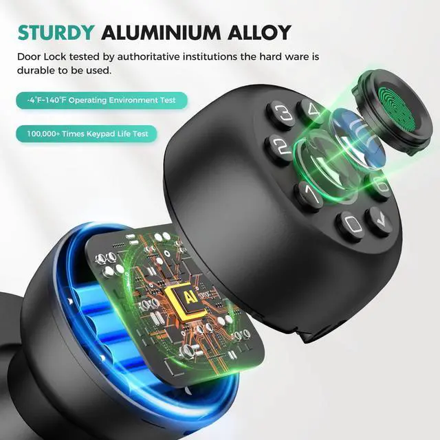 Alt view image 3 of 7 - Fingerprint Door Lock, biometric smart Door knob, with keypad and app Control, keyless Door Lock, Suitable for bedrooms, Offices, Hotels, Apartments, Easy to Install. (Black) HL-9