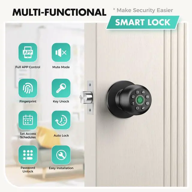 Alt view image 2 of 7 - Fingerprint Door Lock, biometric smart Door knob, with keypad and app Control, keyless Door Lock, Suitable for bedrooms, Offices, Hotels, Apartments, Easy to Install. (Black) HL-9