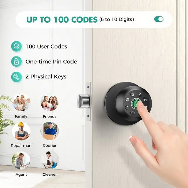 Alt view image 4 of 7 - Fingerprint Door Lock, biometric smart Door knob, with keypad and app Control, keyless Door Lock, Suitable for bedrooms, Offices, Hotels, Apartments, Easy to Install. (Black) HL-9