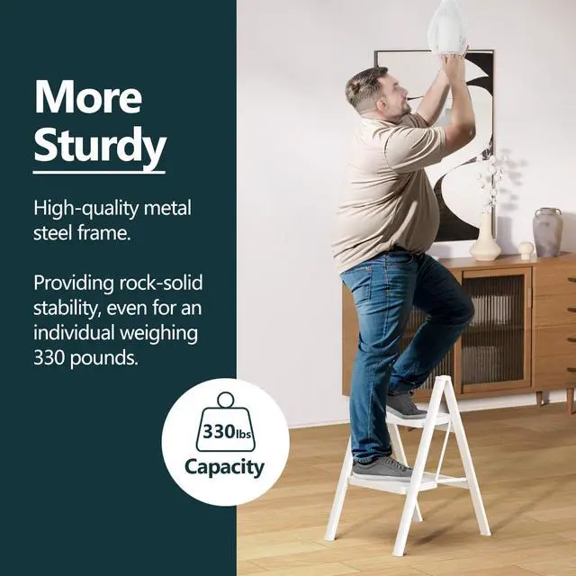 Alt view image 2 of 6 - 2 Step Foldable Step Stool, 330lbs Load, White | Folded 26'' H x 2'' T; Net 7.4 lbs; Anti-Slip Feet Grip Wood, Tile, Carpet; Wide Pedals; For Kitchens, Closets