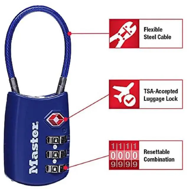 Alt view image 2 of 7 - TSA Approved Combination Luggage Lock, Assorted, 2-Pack 4688T | TSA Accepted Set Your Own Combination Luggage Cable Lock For Suitcases, Backpacks, Travel and Airport Security, 3-digit Lock