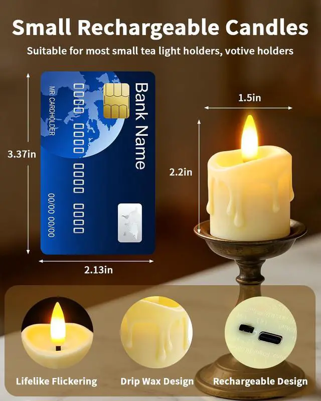 Alt view image 2 of 7 - 6 Pack Small Rechargeable Flameless Candles with Remote Timer | 1.5"x2" LED Tea Lights Flickering Mini Candles Battery Operated Votive Fake Candles for Halloween Wedding Party Table Decor