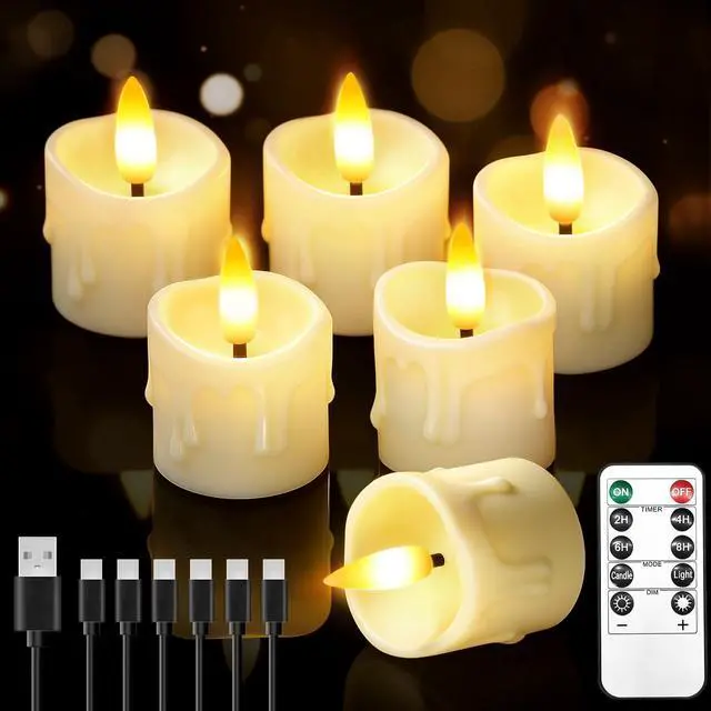 Main image of 6 Pack Small Rechargeable Flameless Candles with Remote Timer | 1.5"x2" LED Tea Lights Flickering Mini Candles Battery Operated Votive Fake Candles for Halloween Wedding Party Table Decor
