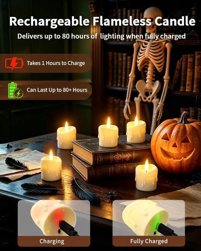 Alt view image 3 of 7 - 6 Pack Small Rechargeable Flameless Candles with Remote Timer | 1.5"x2" LED Tea Lights Flickering Mini Candles Battery Operated Votive Fake Candles for Halloween Wedding Party Table Decor