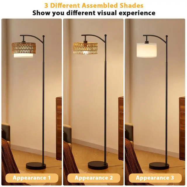 Alt view image 2 of 7 - Arc Floor Lamp with Remote & Rattan Double Shades, Black Rustic | Stepless Adjustable 3000K-6500K Colors,15-100% Brightness,Memory functions,9W LED bulb,Rattan & Linen,Boho Lamp,Bedrooms