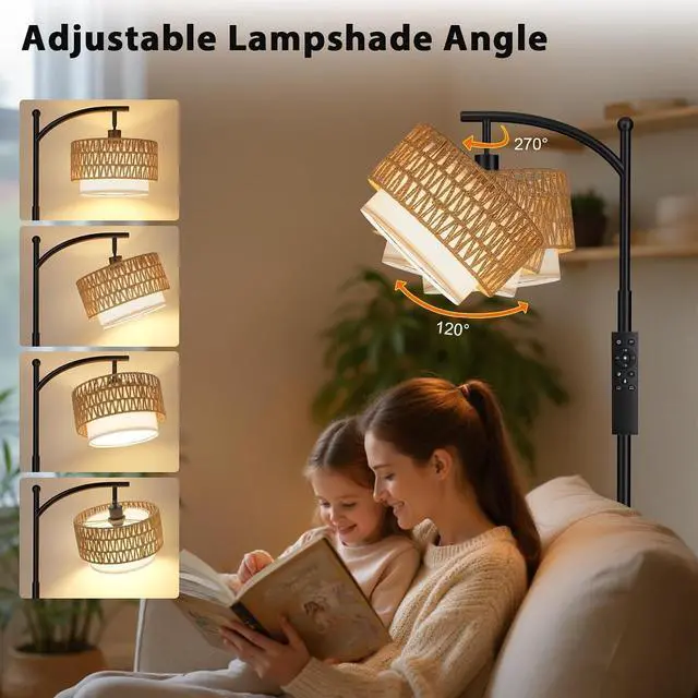 Alt view image 3 of 7 - Arc Floor Lamp with Remote & Rattan Double Shades, Black Rustic | Stepless Adjustable 3000K-6500K Colors,15-100% Brightness,Memory functions,9W LED bulb,Rattan & Linen,Boho Lamp,Bedrooms