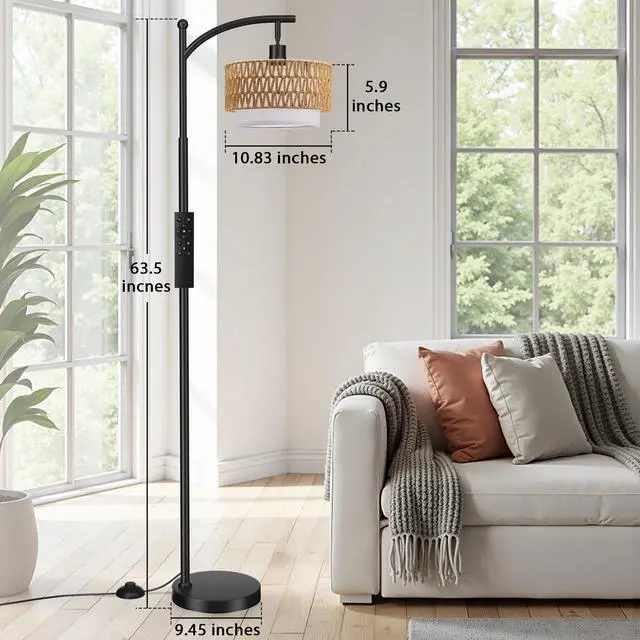 Alt view image 5 of 7 - Arc Floor Lamp with Remote & Rattan Double Shades, Black Rustic | Stepless Adjustable 3000K-6500K Colors,15-100% Brightness,Memory functions,9W LED bulb,Rattan & Linen,Boho Lamp,Bedrooms