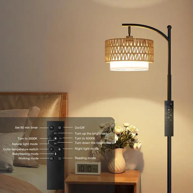Alt view image 6 of 7 - Arc Floor Lamp with Remote & Rattan Double Shades, Black Rustic | Stepless Adjustable 3000K-6500K Colors,15-100% Brightness,Memory functions,9W LED bulb,Rattan & Linen,Boho Lamp,Bedrooms