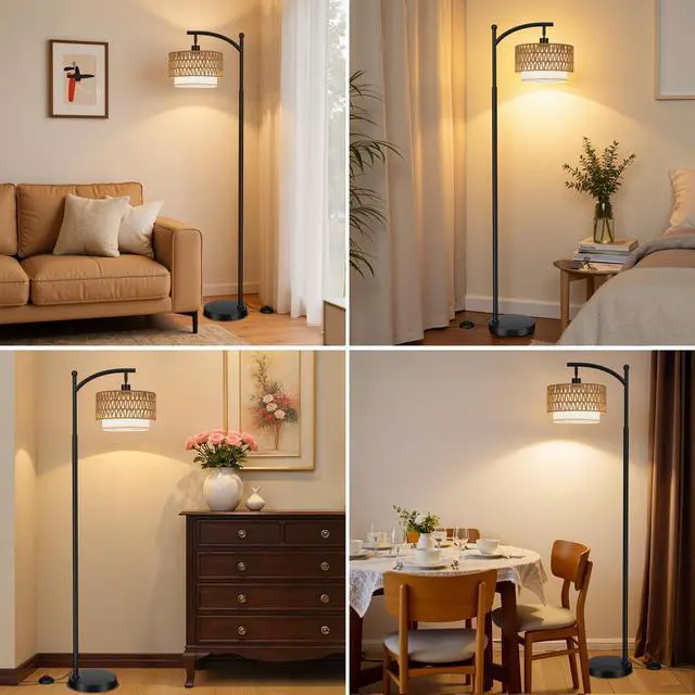 Alt view image 7 of 7 - Arc Floor Lamp with Remote & Rattan Double Shades, Black Rustic | Stepless Adjustable 3000K-6500K Colors,15-100% Brightness,Memory functions,9W LED bulb,Rattan & Linen,Boho Lamp,Bedrooms