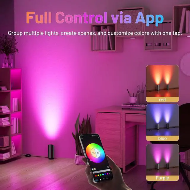 Alt view image 4 of 7 - 2 Pack Up Lights Indoor Floor Can Light, 6W RGB GU10 LED Spotlights, Indoor Uplights for Home Accent, Plant, Artwork, 5.9FT Plug Cord & Foot Switch, Black