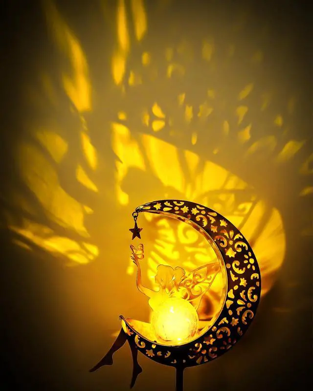 Alt view image 4 of 7 - Solar Fairy Moon Garden Stake Light, Outdoor Yard Patio Decor Gift | Auto dusk glow; no wiring; rust-resistant metal; warm patterned reflections; pathway, lawn and backyard accent