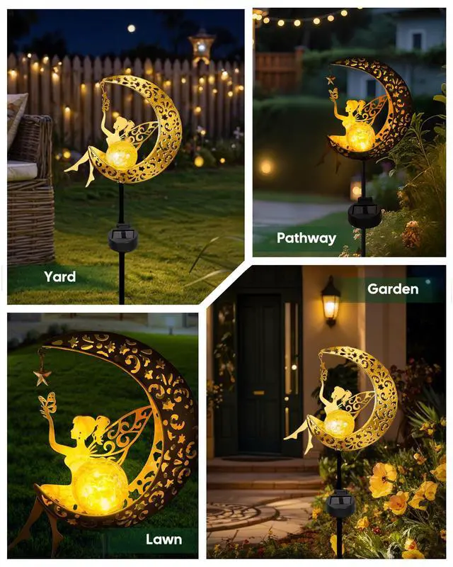 Alt view image 5 of 7 - Solar Fairy Moon Garden Stake Light, Outdoor Yard Patio Decor Gift | Auto dusk glow; no wiring; rust-resistant metal; warm patterned reflections; pathway, lawn and backyard accent