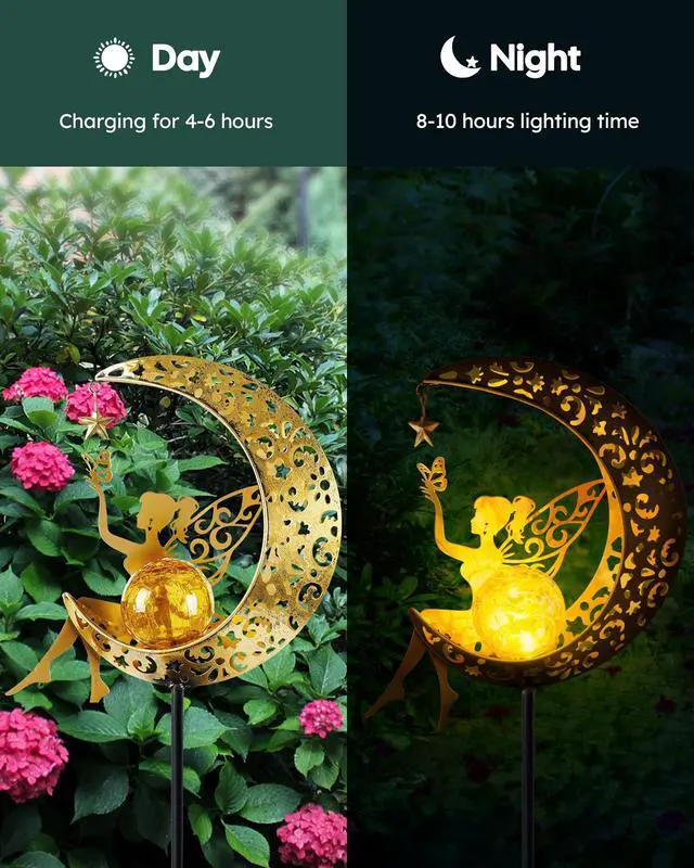 Alt view image 6 of 7 - Solar Fairy Moon Garden Stake Light, Outdoor Yard Patio Decor Gift | Auto dusk glow; no wiring; rust-resistant metal; warm patterned reflections; pathway, lawn and backyard accent
