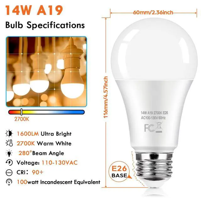 Alt view image 2 of 7 - 12-Pack A19 LED Light Bulb 100 Watt Equivalent, 14W 1600LM Non-Dimmable Bright Light Bulbs, 2700K Warm White Standard E26 Base LED Bulbs for Kitchen Bathroom Home Lighting Lamp, 90+ High CRI