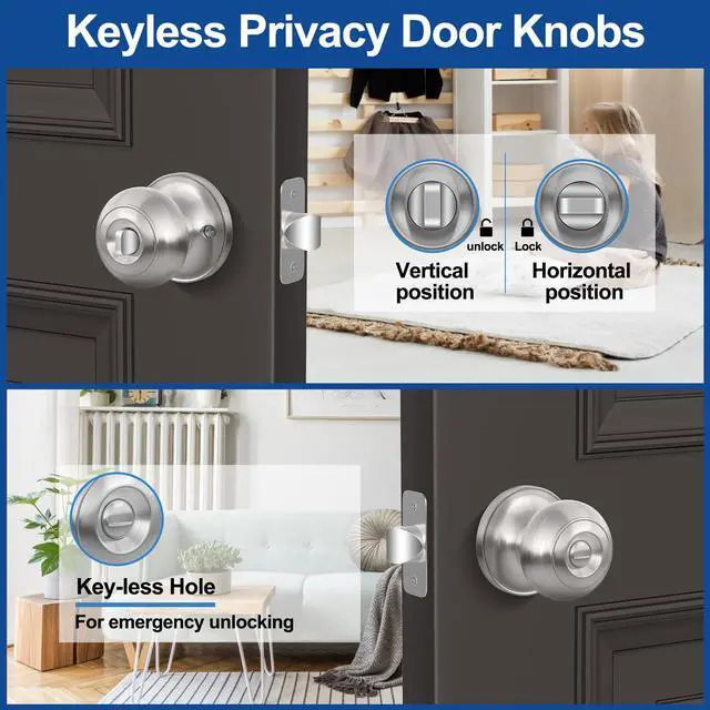 Alt view image 2 of 6 - Privacy Door Knob with Lock, Keyless Door Knobs Interior Lock 6 Pack | Keyless Brushed Nickel Interior Bedroom Door Knobs with Lock, Bathroom Door Knob for Left/Right Handle Door, Adjustable Latch