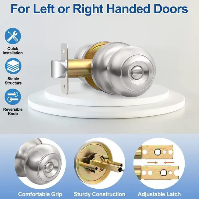 Alt view image 3 of 6 - Privacy Door Knob with Lock, Keyless Door Knobs Interior Lock 6 Pack | Keyless Brushed Nickel Interior Bedroom Door Knobs with Lock, Bathroom Door Knob for Left/Right Handle Door, Adjustable Latch