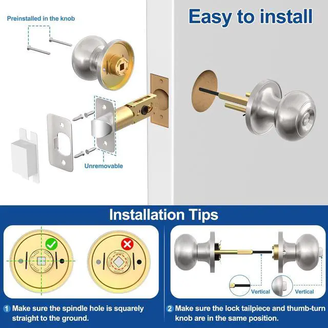 Alt view image 4 of 6 - Privacy Door Knob with Lock, Keyless Door Knobs Interior Lock 6 Pack | Keyless Brushed Nickel Interior Bedroom Door Knobs with Lock, Bathroom Door Knob for Left/Right Handle Door, Adjustable Latch
