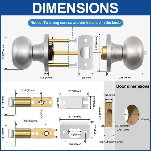 Alt view image 5 of 6 - Privacy Door Knob with Lock, Keyless Door Knobs Interior Lock 6 Pack | Keyless Brushed Nickel Interior Bedroom Door Knobs with Lock, Bathroom Door Knob for Left/Right Handle Door, Adjustable Latch