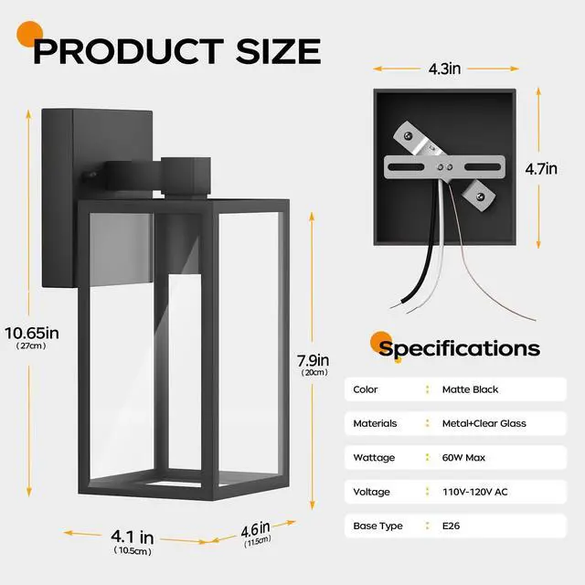 Alt view image 5 of 7 - Exterior Lighting Fixture Wall Mount, Outdoor Porch Light Wall Sconce | 10.65 inch, Anti-Rust Metal Frame, Tempered Glass, E26 Base, Waterproof, Wall Lantern for House, Patio, Garage, Entryway