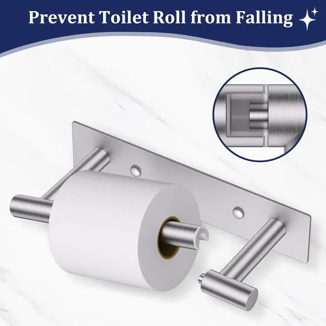 Alt view image 2 of 7 - Brushed Nickel Toilet Paper Holder, Adhesive or Screw Toilet Roll Holder Wall Mount, SUS304 Stainless Steel Double Post Pivoting Toilet Roll Holder for Bathroom, Kitchen, Washroom