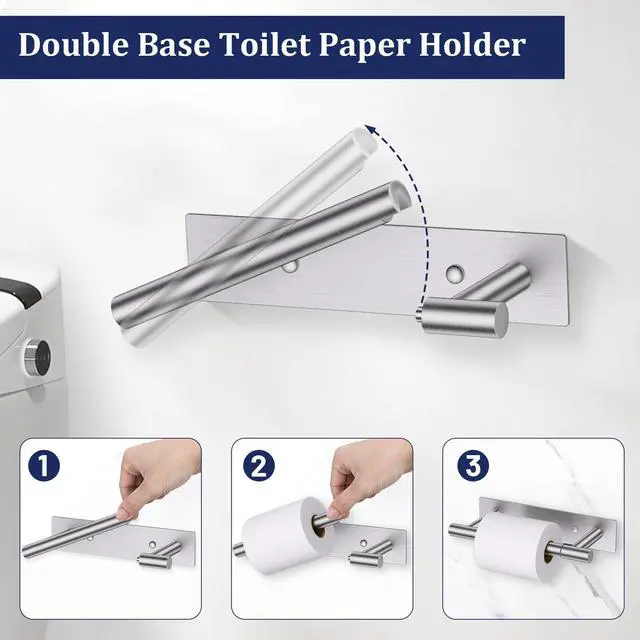 Alt view image 3 of 7 - Brushed Nickel Toilet Paper Holder, Adhesive or Screw Toilet Roll Holder Wall Mount, SUS304 Stainless Steel Double Post Pivoting Toilet Roll Holder for Bathroom, Kitchen, Washroom