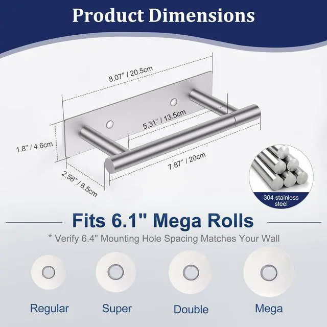 Alt view image 7 of 7 - Brushed Nickel Toilet Paper Holder, Adhesive or Screw Toilet Roll Holder Wall Mount, SUS304 Stainless Steel Double Post Pivoting Toilet Roll Holder for Bathroom, Kitchen, Washroom