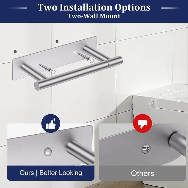 Alt view image 5 of 7 - Brushed Nickel Toilet Paper Holder, Adhesive or Screw Toilet Roll Holder Wall Mount, SUS304 Stainless Steel Double Post Pivoting Toilet Roll Holder for Bathroom, Kitchen, Washroom